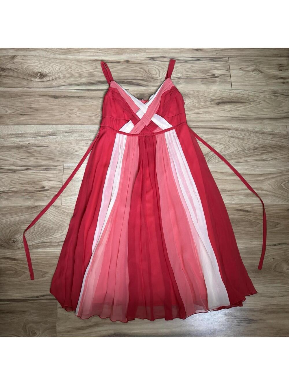 Signature Robbie Bee Silk Dress Red Coral Chiffon Overlay Tie Waist Sz 6